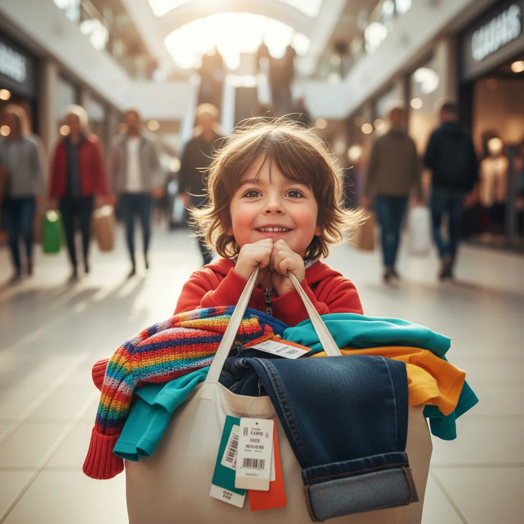 Child holding shopping bag with new back-to-school clothes.