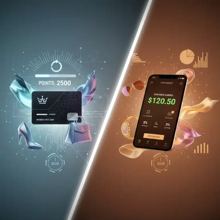 Loyalty card with points and cash back app on smartphone for fashion savings comparison, 2026