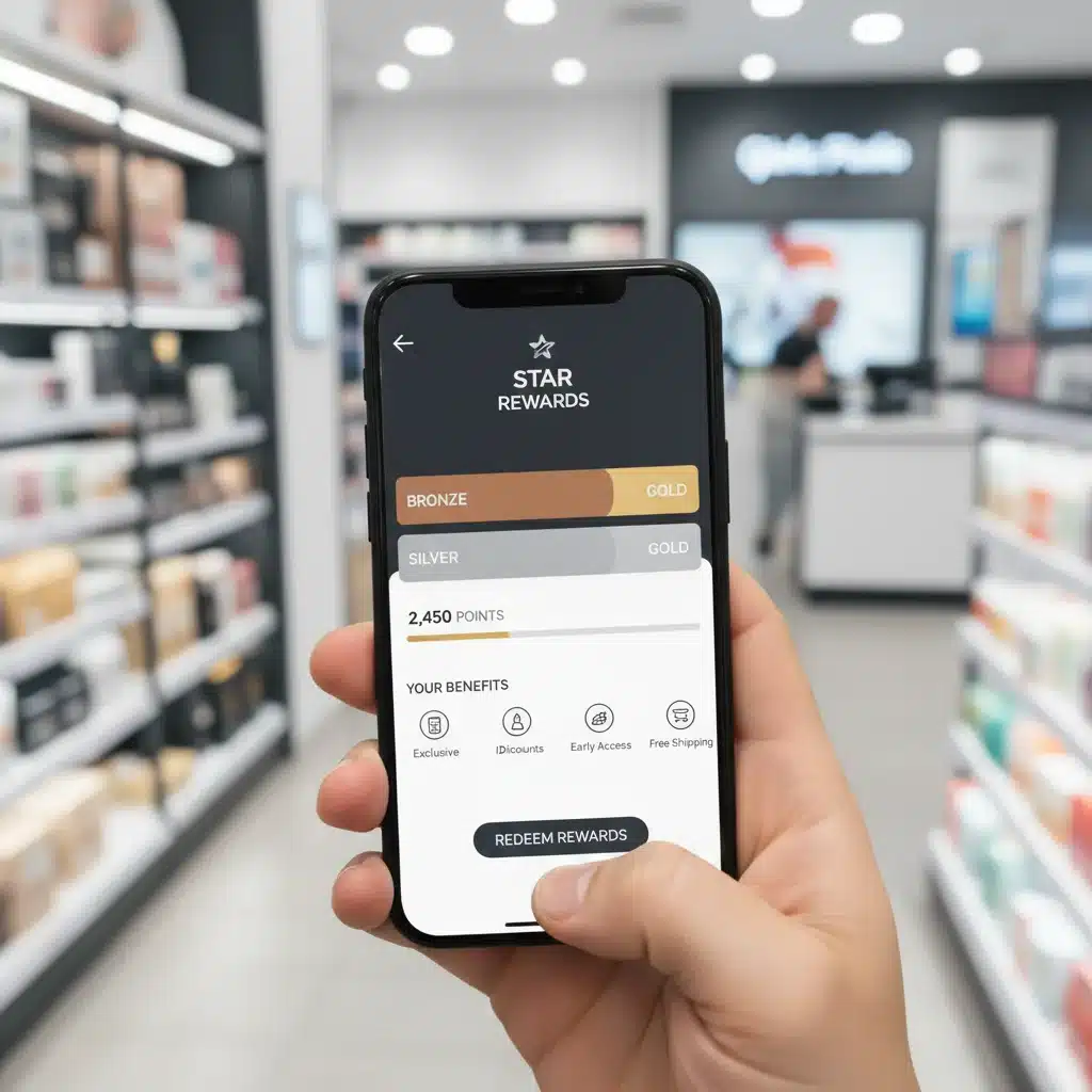 Smartphone displaying a loyalty program app with points and rewards.
