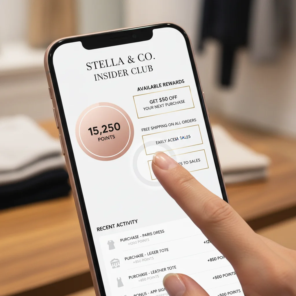 Smartphone displaying fashion loyalty program dashboard with rewards