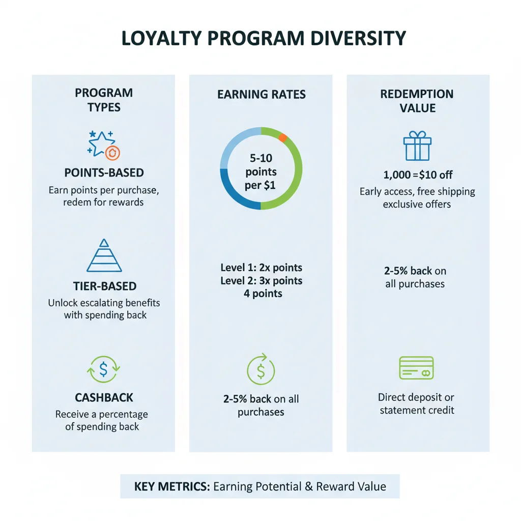 Infographic illustrating various loyalty program types and their key features, helping shoppers choose the best fit.