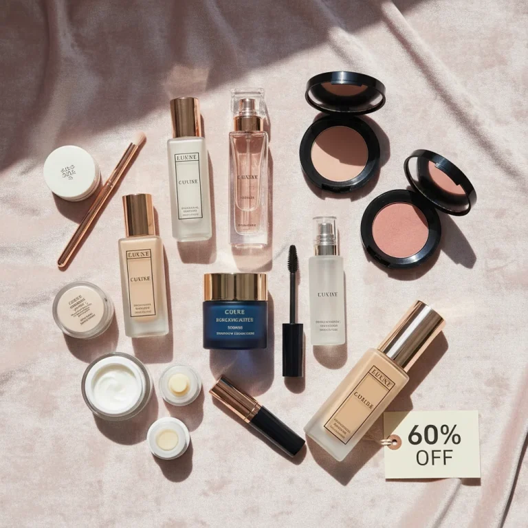 Collection of luxury skincare, makeup, and fragrance products with a sale tag
