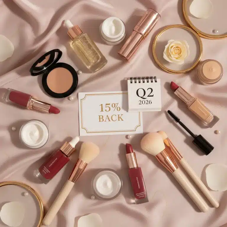 Luxurious beauty products with a '15% Back' card, symbolizing top loyalty program rewards.