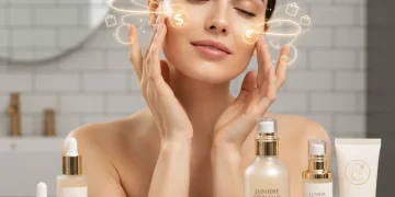 Woman applying high-end skincare serum, symbolizing luxury and smart savings.