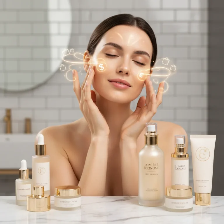 Woman applying high-end skincare serum, symbolizing luxury and smart savings.