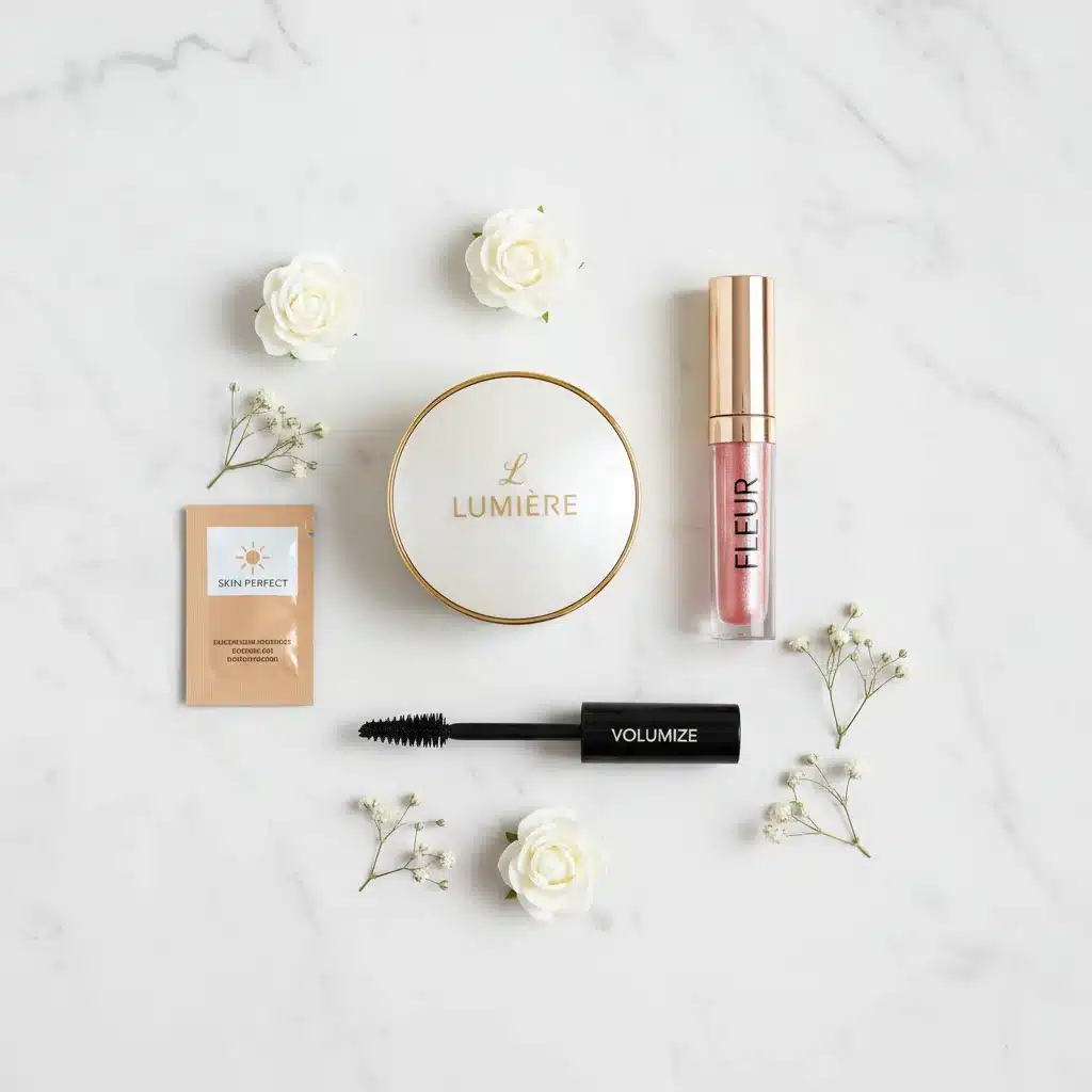 Flat lay of diverse makeup samples and travel-sized products from a beauty subscription, arranged aesthetically on a white background.