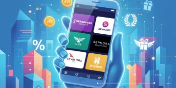 Hand holding smartphone with loyalty apps, surrounded by points and reward icons, symbolizing maximized loyalty rewards for U.S. shoppers.