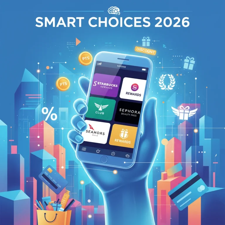 Hand holding smartphone with loyalty apps, surrounded by points and reward icons, symbolizing maximized loyalty rewards for U.S. shoppers.
