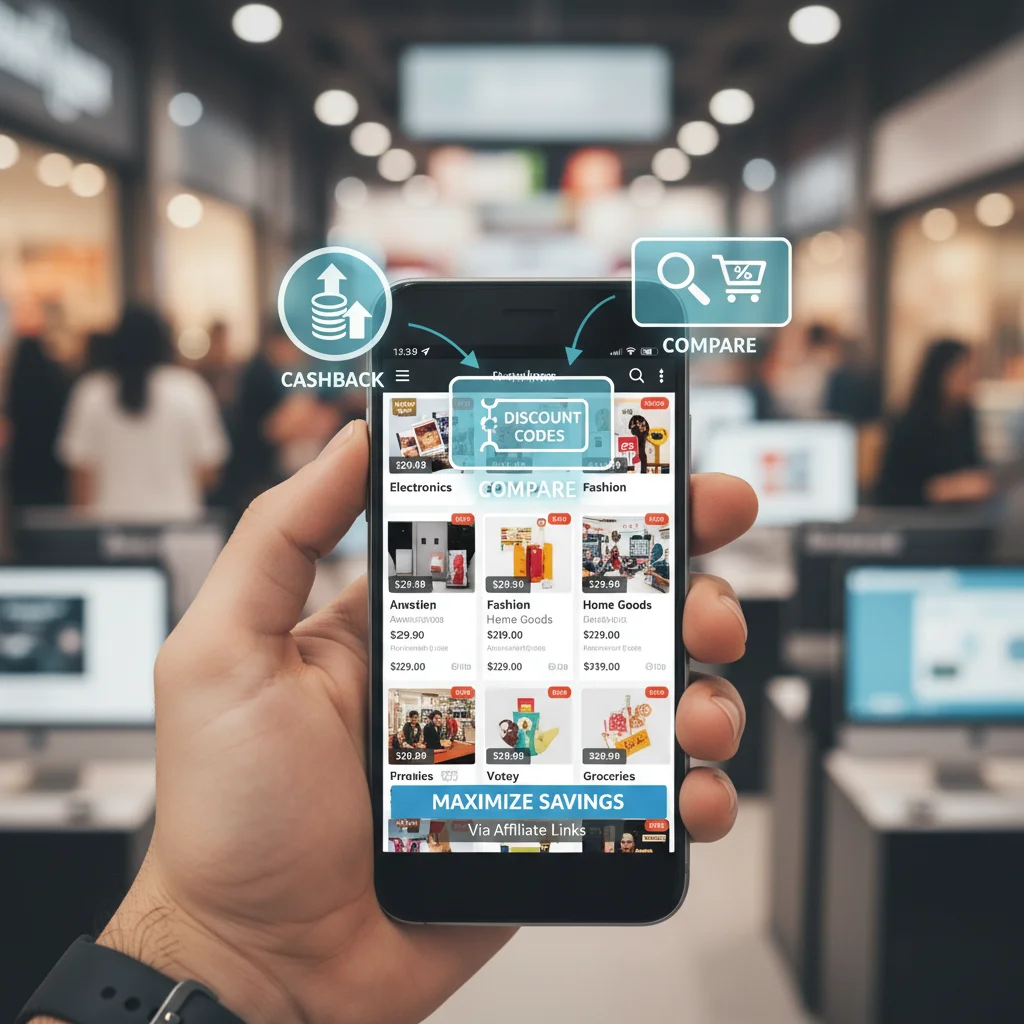 Smartphone displaying a shopping app with cashback, discount, and comparison tool icons, symbolizing strategic use of affiliate links for savings.
