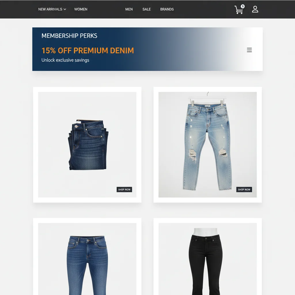 E-commerce website showing a 15% off premium denim membership perk banner.