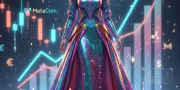 Futuristic avatar wearing metaverse fashion with financial projections in the background.