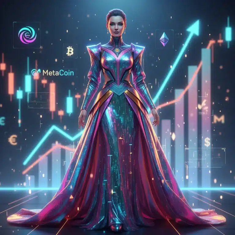 Futuristic avatar wearing metaverse fashion with financial projections in the background.