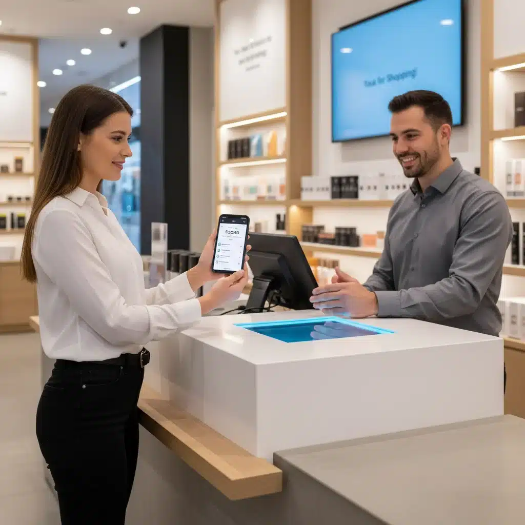 Shopper redeeming loyalty points via a mobile app at a store checkout.