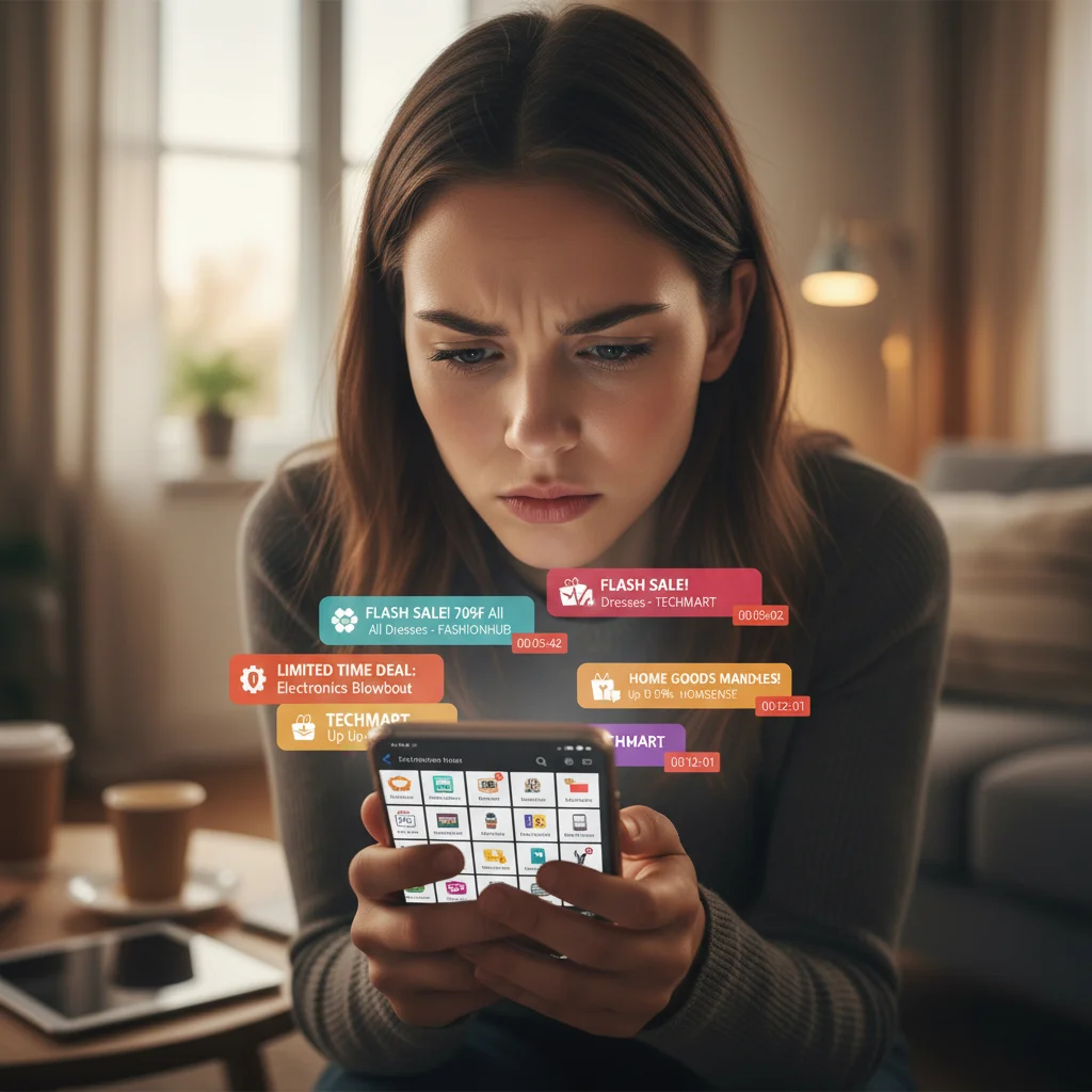 Person monitoring flash sale notifications on a smartphone.