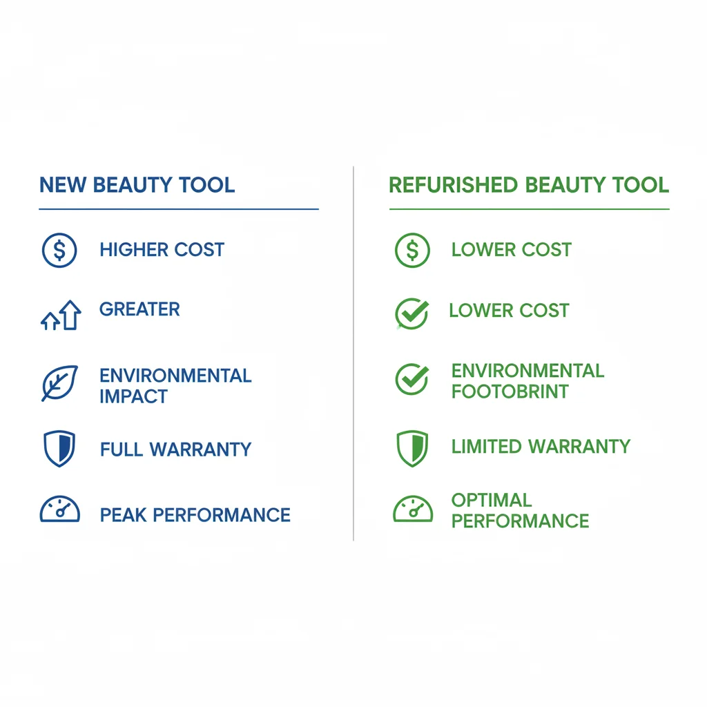 Infographic comparing costs and benefits of new versus refurbished beauty tools, highlighting financial and environmental advantages.