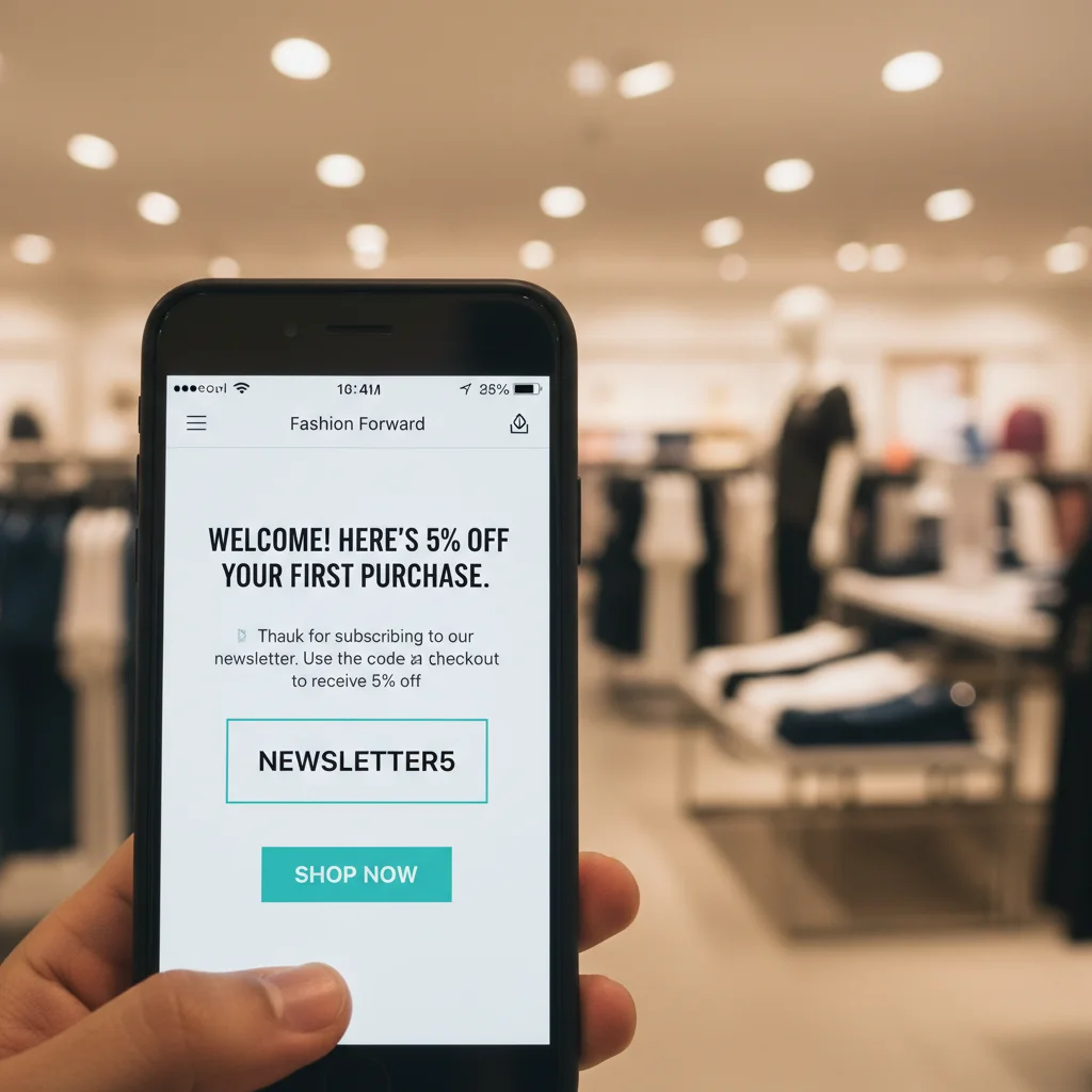 Smartphone displaying 5% newsletter sign-up discount email confirmation.