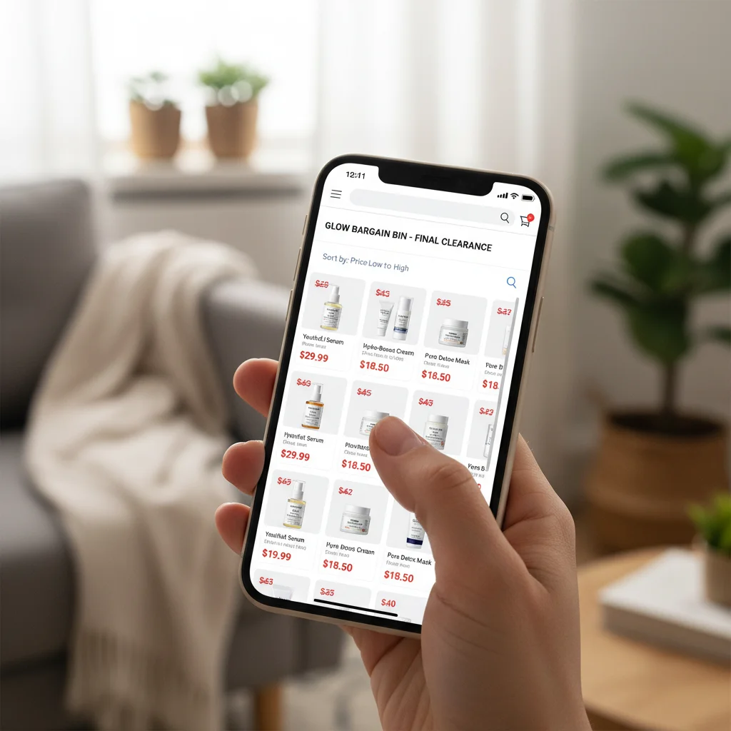 Hand browsing online beauty clearance sale on smartphone