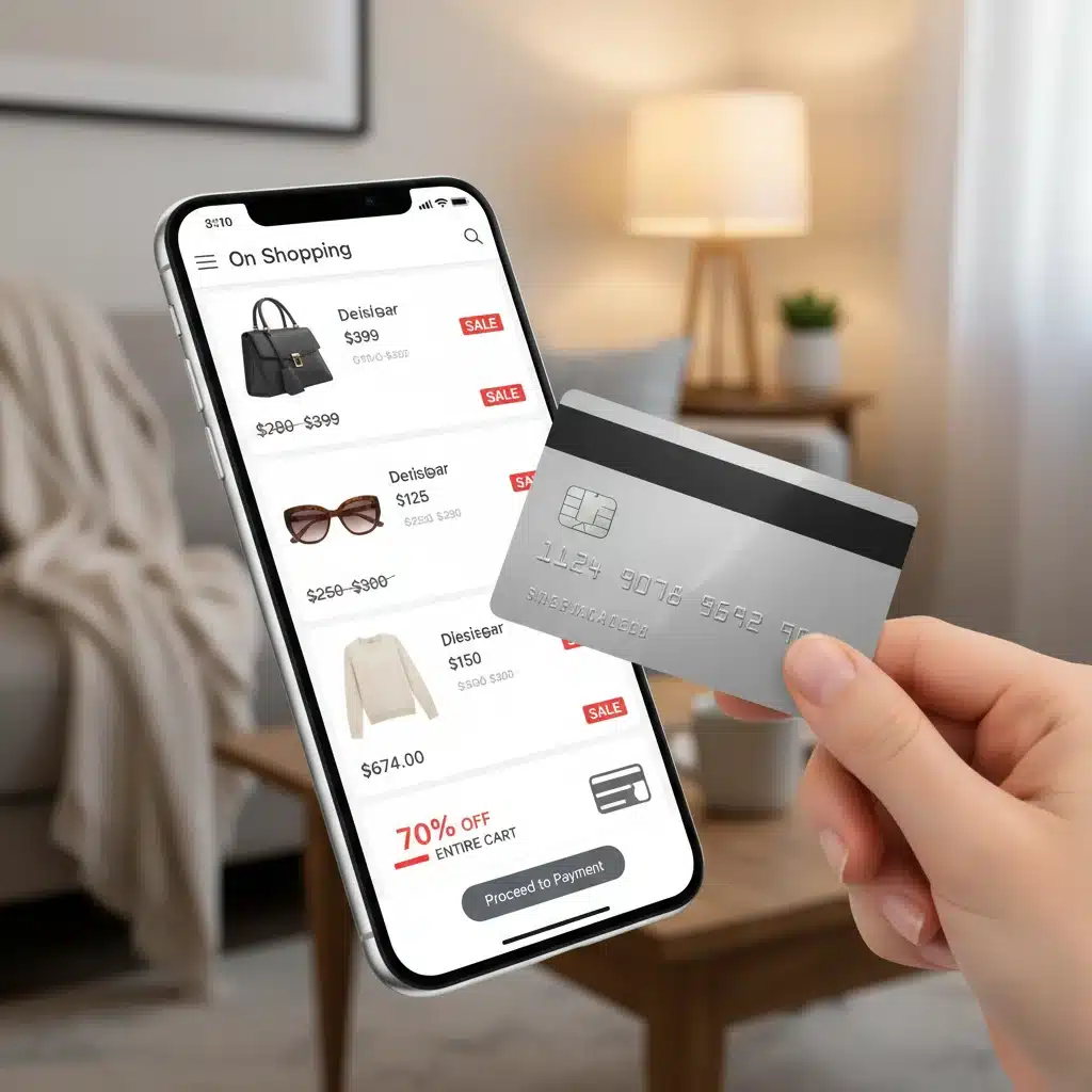 Online shopping cart with discounted designer items and credit card.