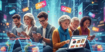 People happily engaging in online shopping on various devices, surrounded by digital shopping symbols, representing affiliate link opportunities and smart consumerism in 2026.