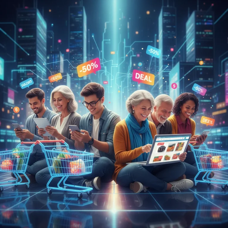 People happily engaging in online shopping on various devices, surrounded by digital shopping symbols, representing affiliate link opportunities and smart consumerism in 2026.