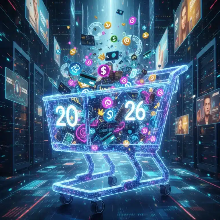 Online shopping cart filled with digital icons representing savings and benefits in 2026.