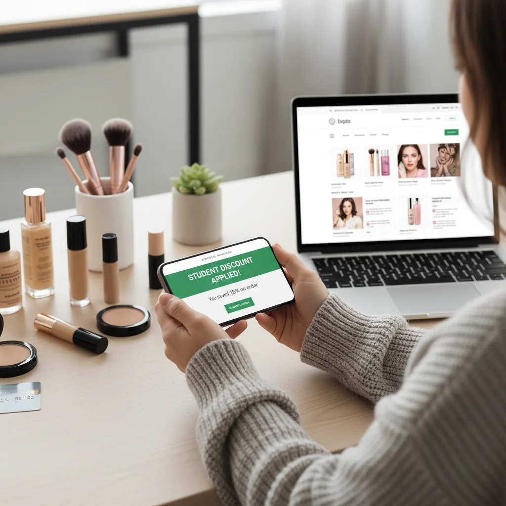 Student applying online beauty discount on a smartphone
