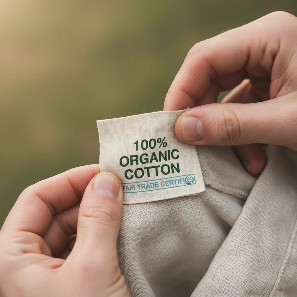 Hands examining an organic cotton fair trade certified clothing label