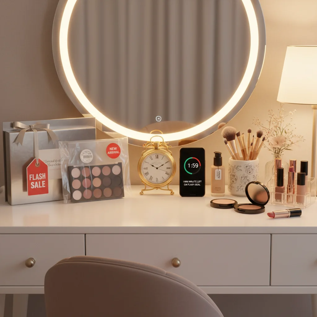 Well-organized vanity table with new and existing beauty products, highlighting successful flash sale hauls.