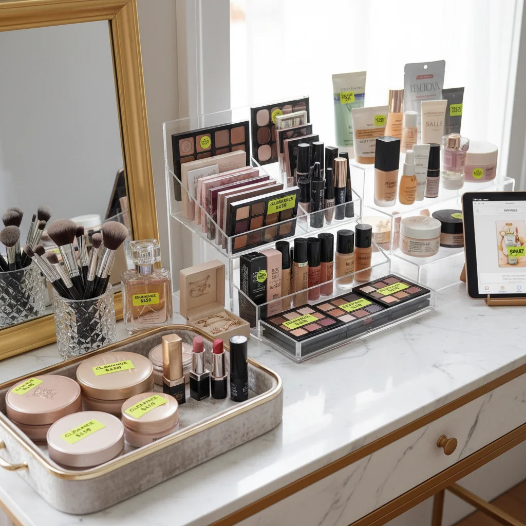Organized beauty vanity with clearance products and makeup brushes