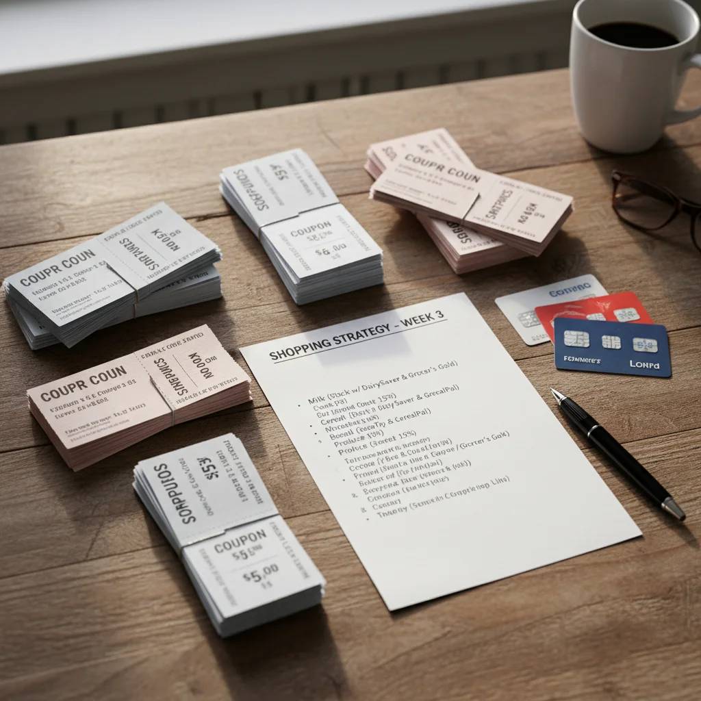 Physical coupons and loyalty cards organized for shopping
