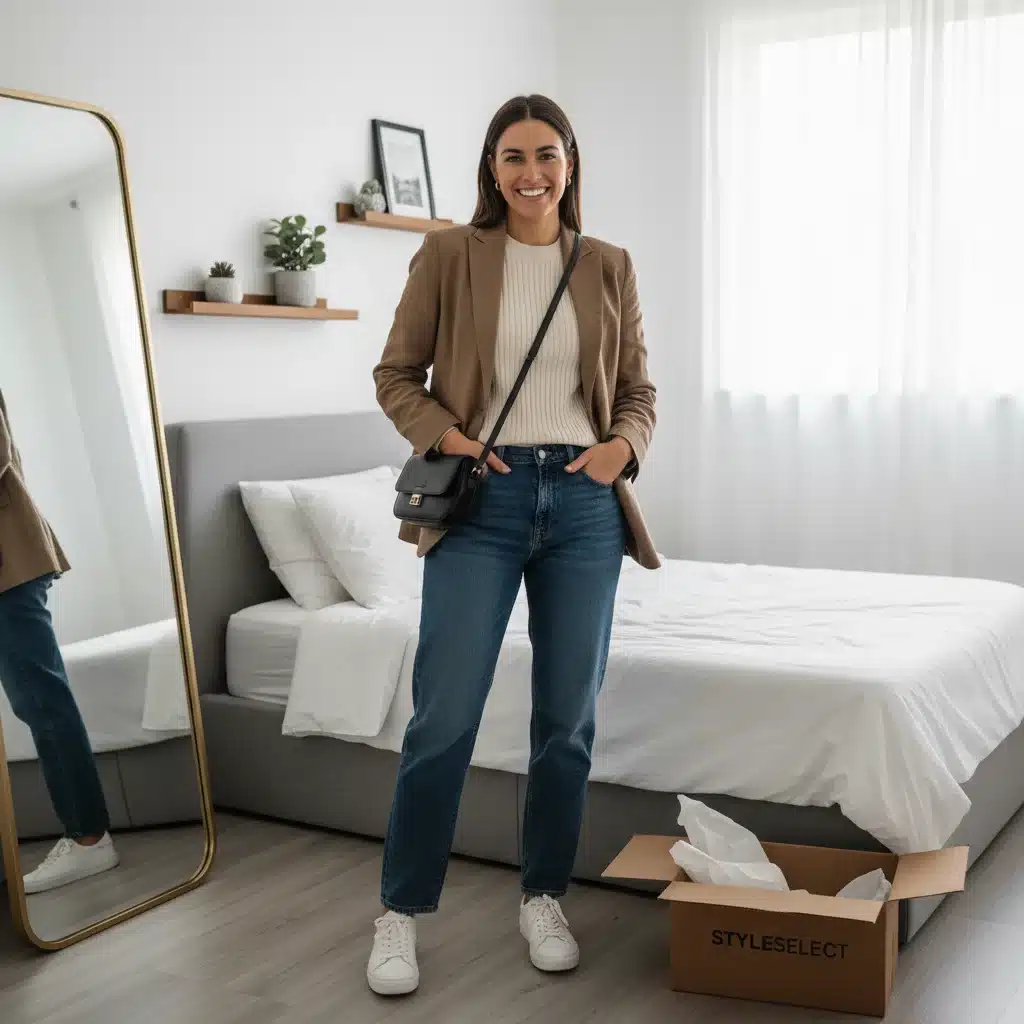 Person wearing a stylish outfit from a subscription box, looking in a mirror