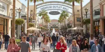 Shoppers enjoying a sunny day at a modern outdoor outlet mall, carrying bags from premium brands.