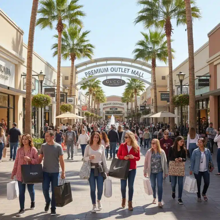 Shoppers enjoying a sunny day at a modern outdoor outlet mall, carrying bags from premium brands.