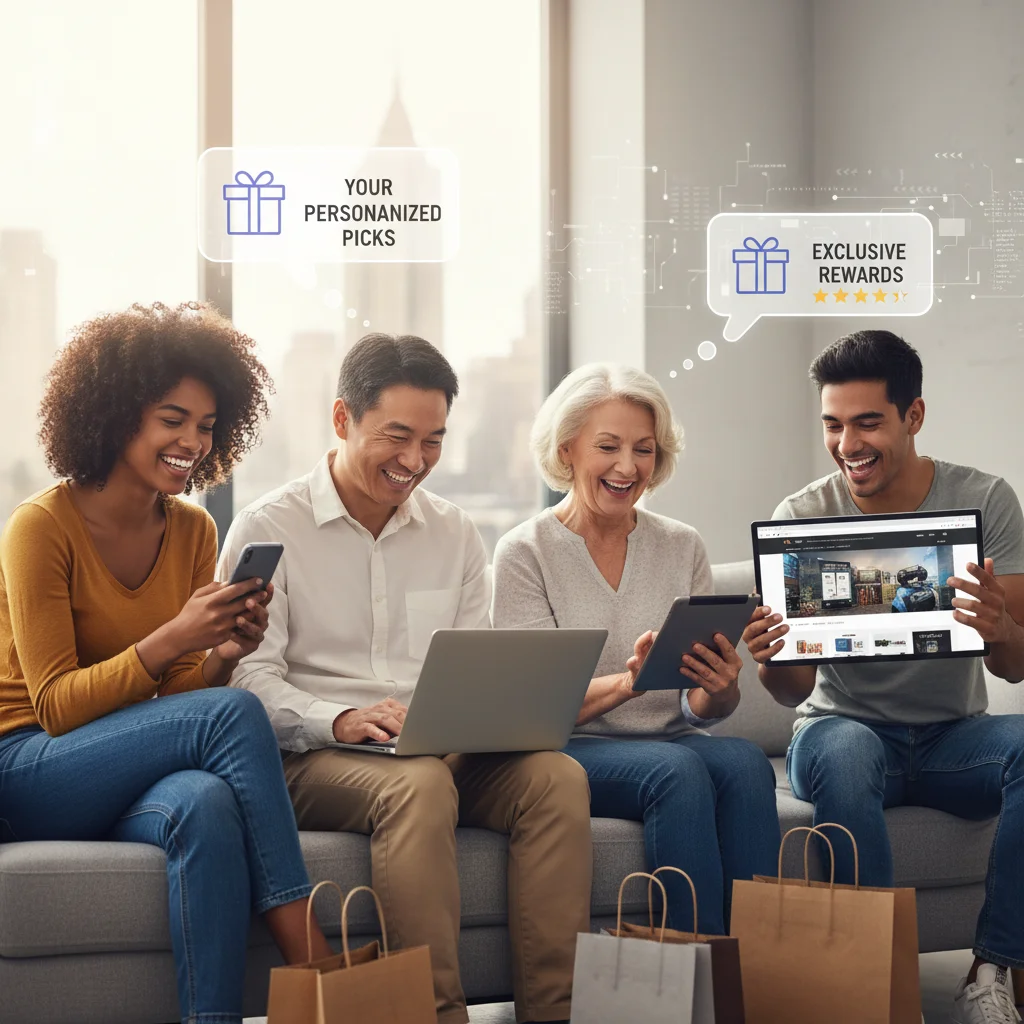Diverse U.S. consumers enjoying personalized online shopping experiences with loyalty rewards