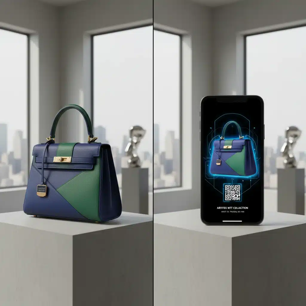 Physical and digital designer handbag comparison, showcasing phygital fashion.