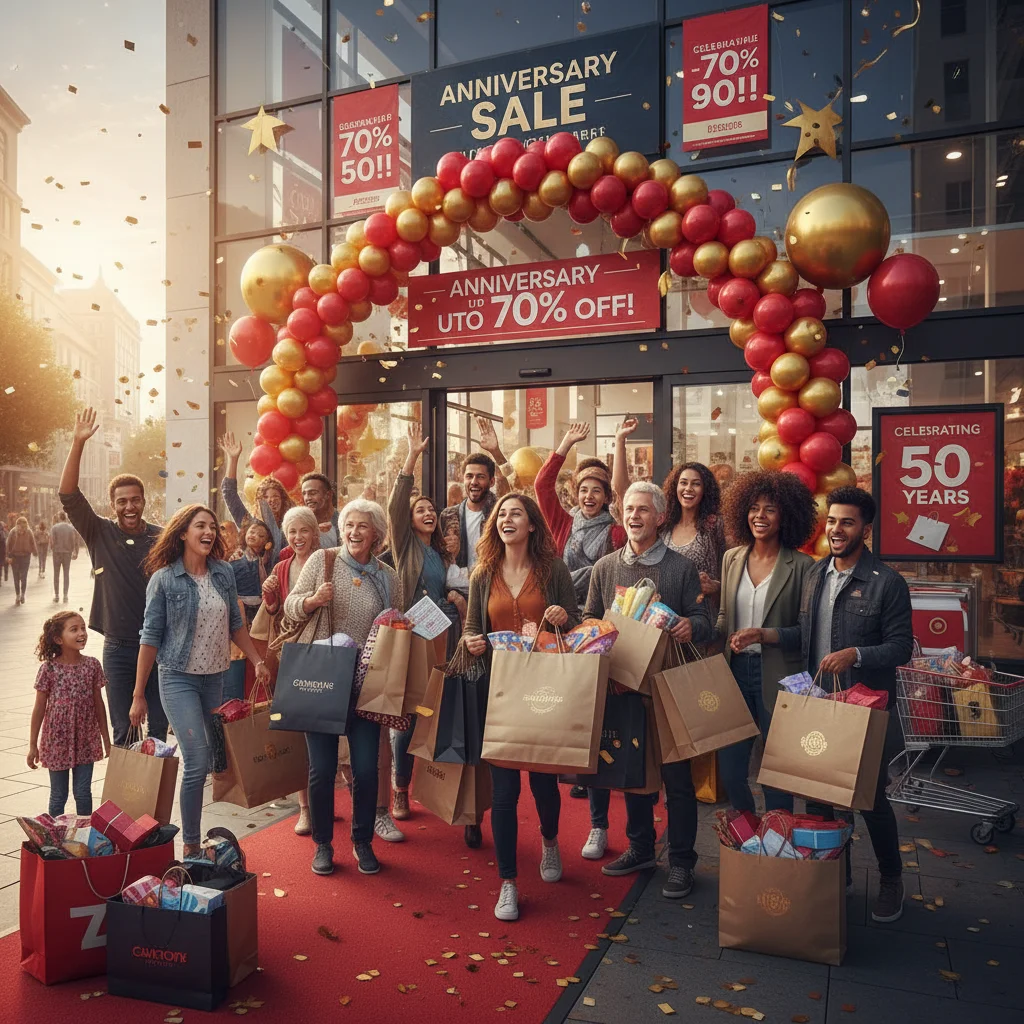 Happy shoppers leaving store with bags after anniversary sale purchases
