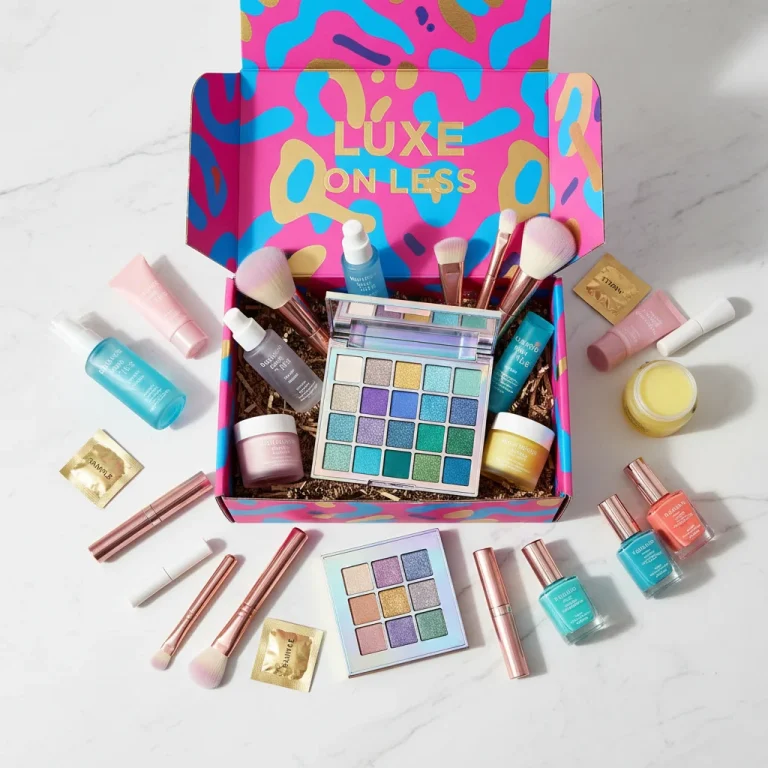 Assortment of high-value beauty products from a subscription box, including skincare, makeup, and haircare items, artfully arranged.