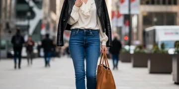 Woman in premium dark wash denim jeans walking confidently in an urban setting.