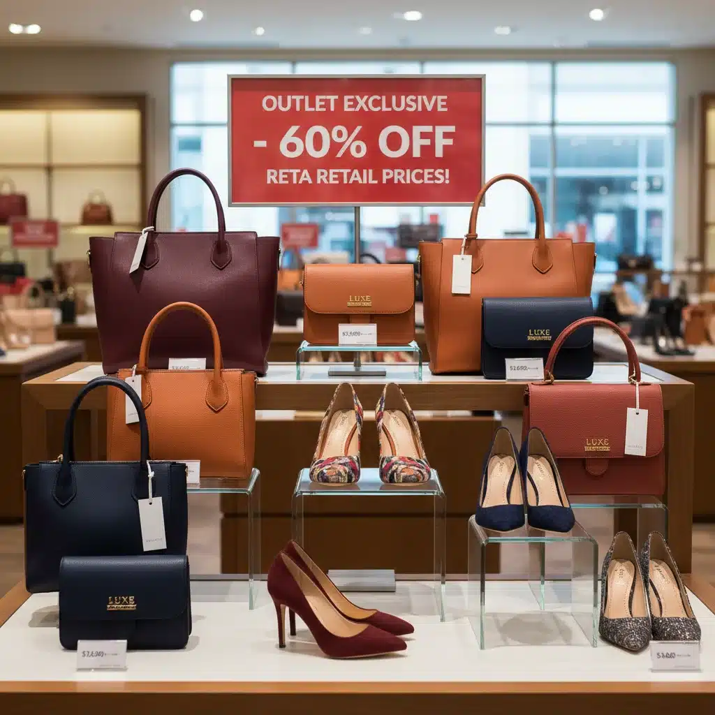 Premium leather handbags and designer shoes on display with substantial discount tags at an outlet store.
