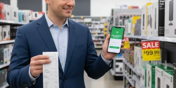 Person reviewing receipt and phone for price adjustment refund