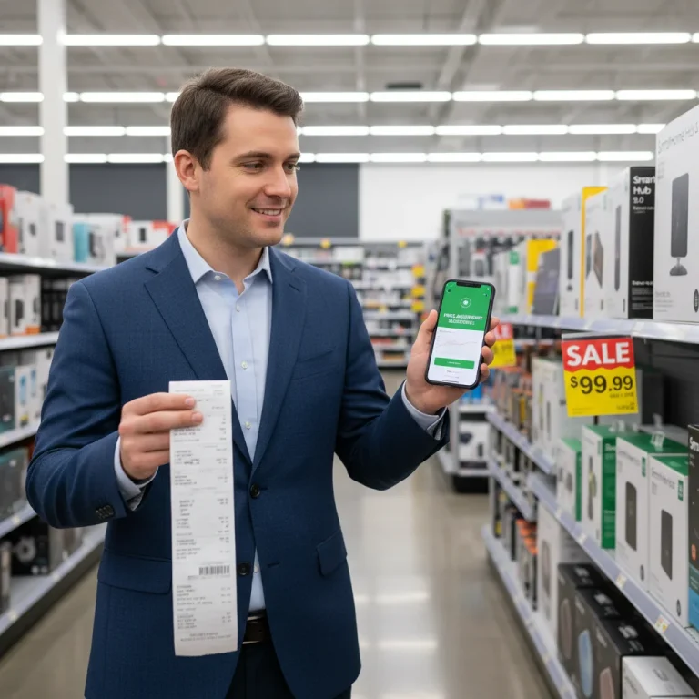 Person reviewing receipt and phone for price adjustment refund