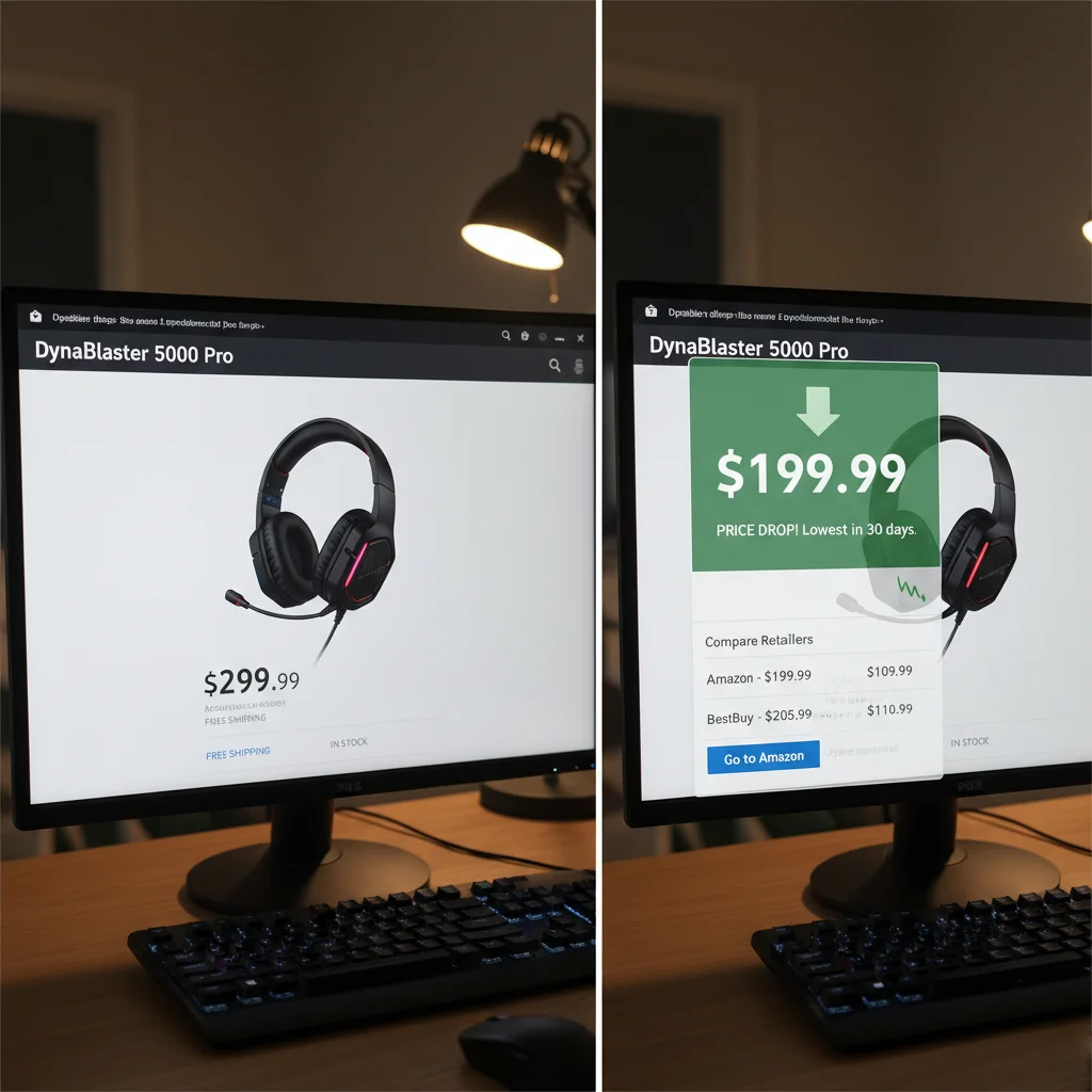 Price comparison browser extension displaying a product's price history and current best deals.