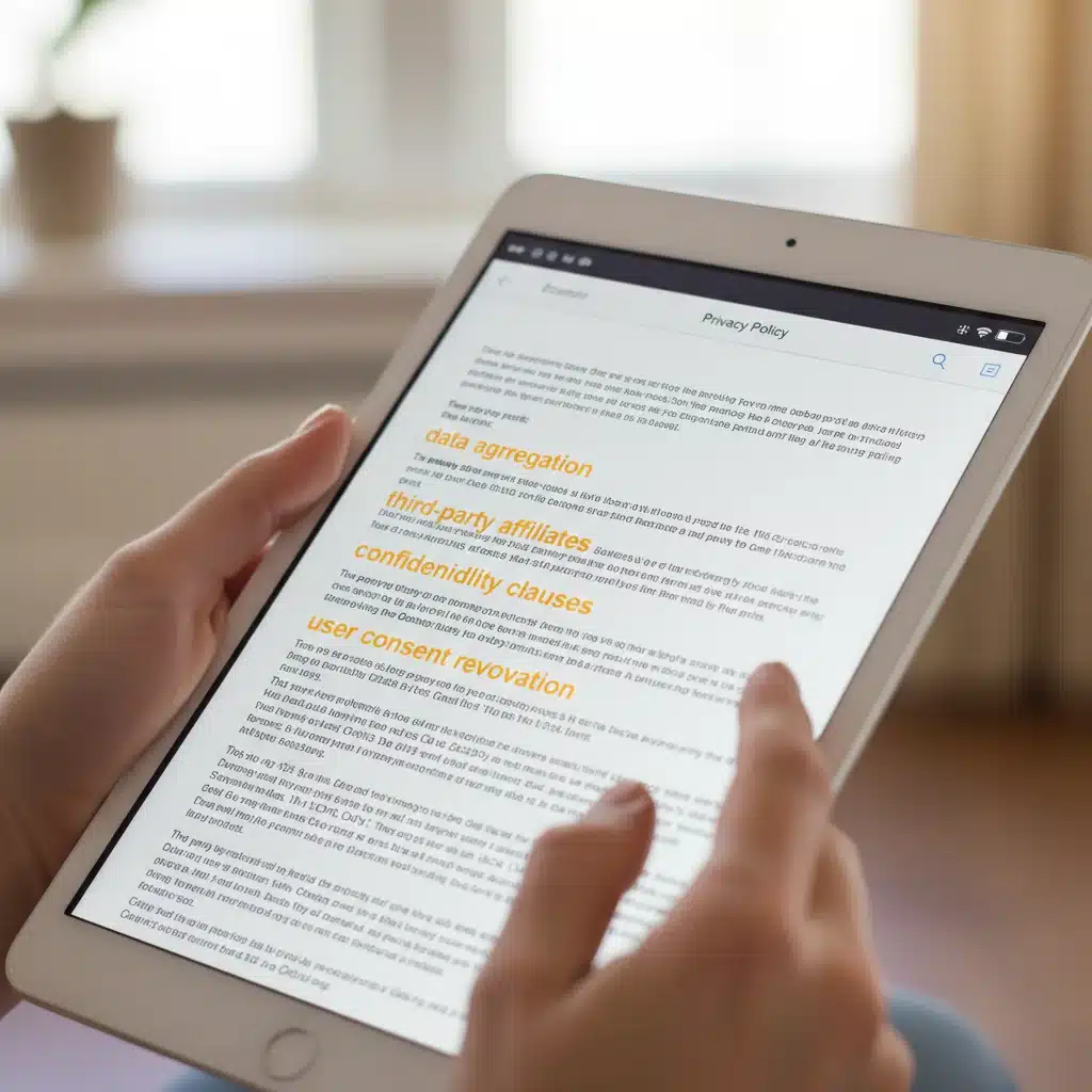Close-up of a tablet displaying a privacy policy with legal text, illustrating the importance of reading fine print.