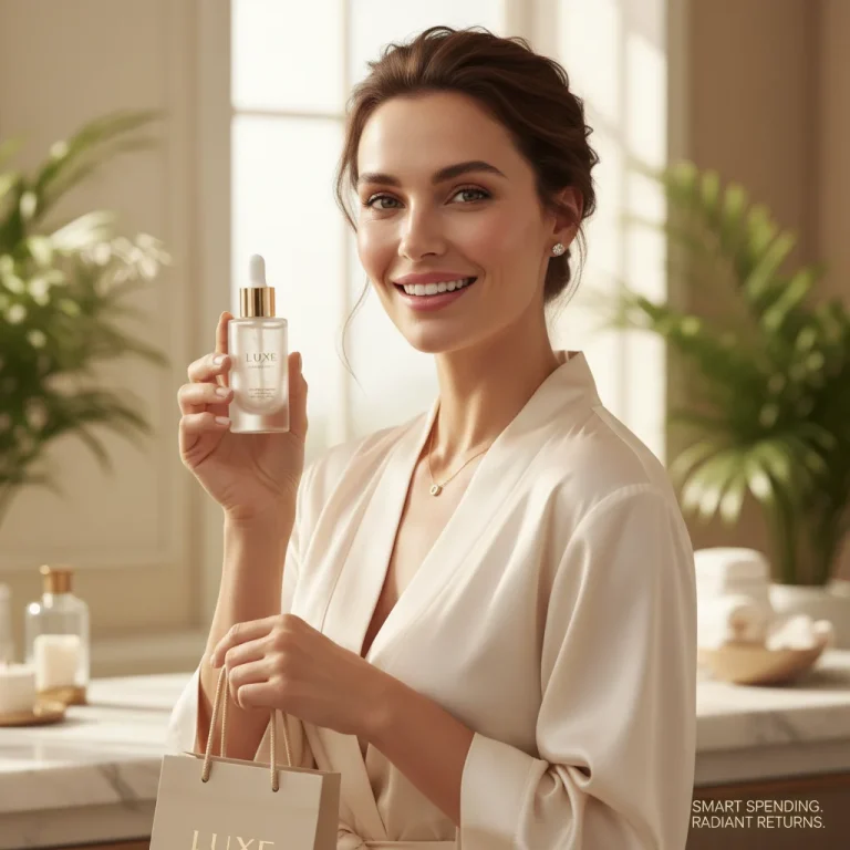 Woman with glowing skin holding luxury skincare product