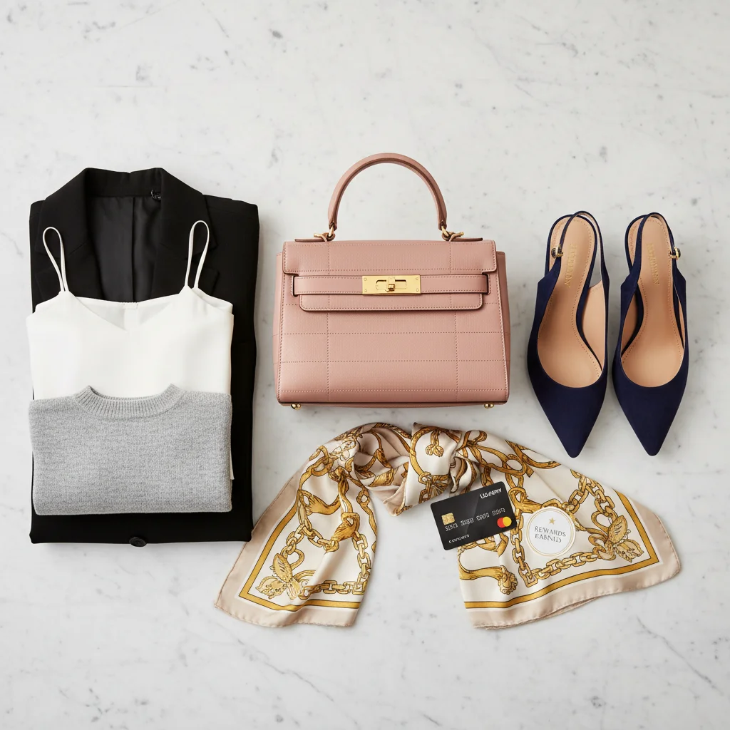 Luxury fashion items with credit card and rewards tag, representing redeemed points