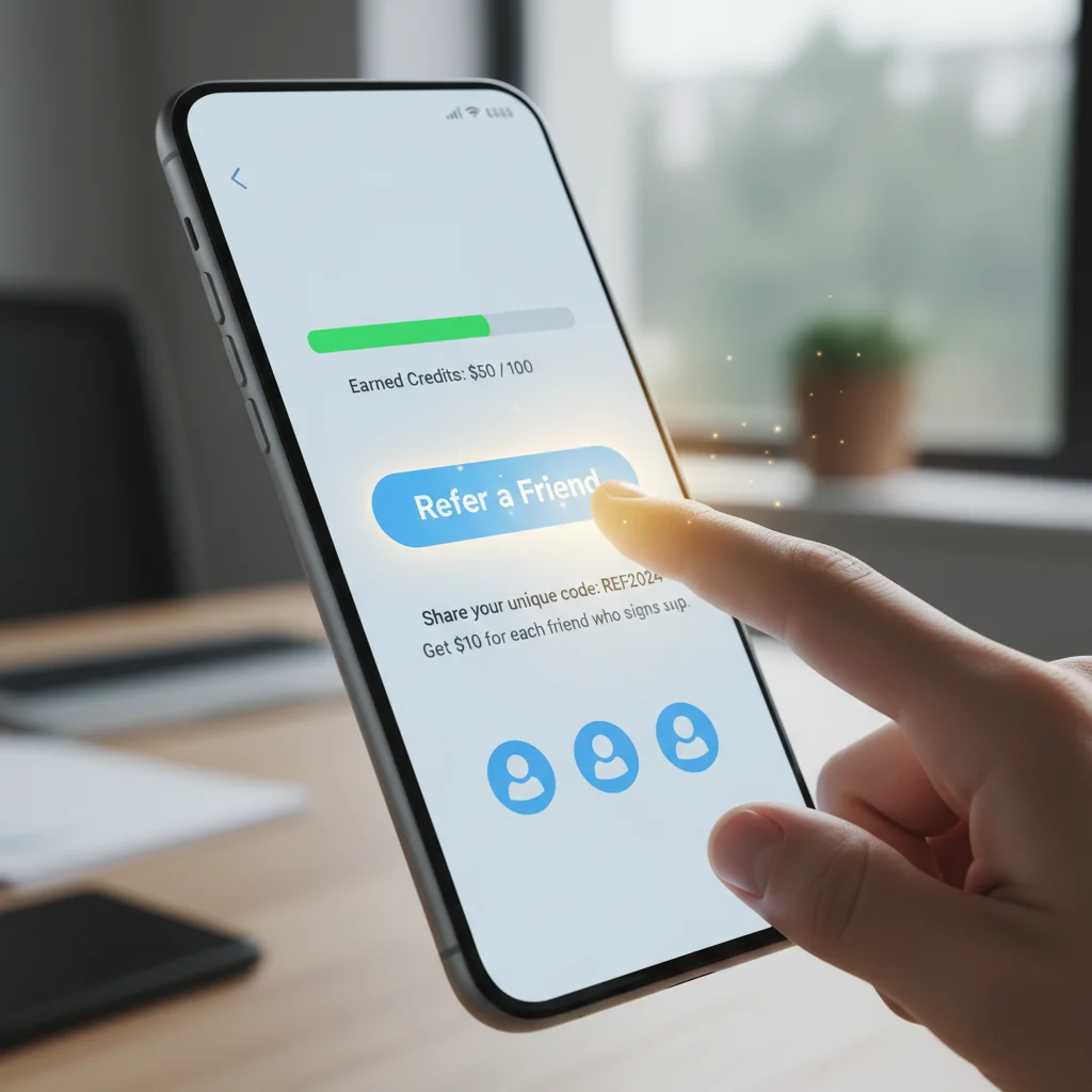 Smartphone screen showing a 'Refer a Friend' button and earned credits.