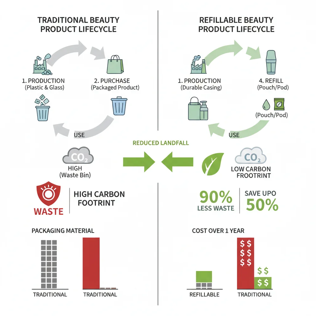 Infographic comparing traditional and refillable beauty product lifecycles