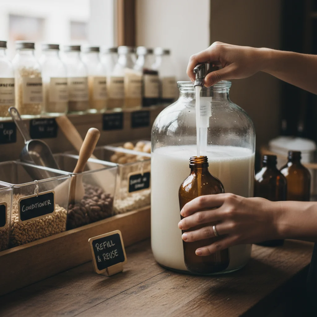 Person refilling shampoo bottle at zero-waste store