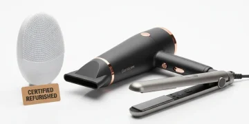 Collection of certified refurbished beauty tools on a clean white surface, showcasing quality and modern design.