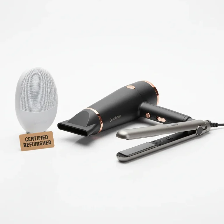 Collection of certified refurbished beauty tools on a clean white surface, showcasing quality and modern design.